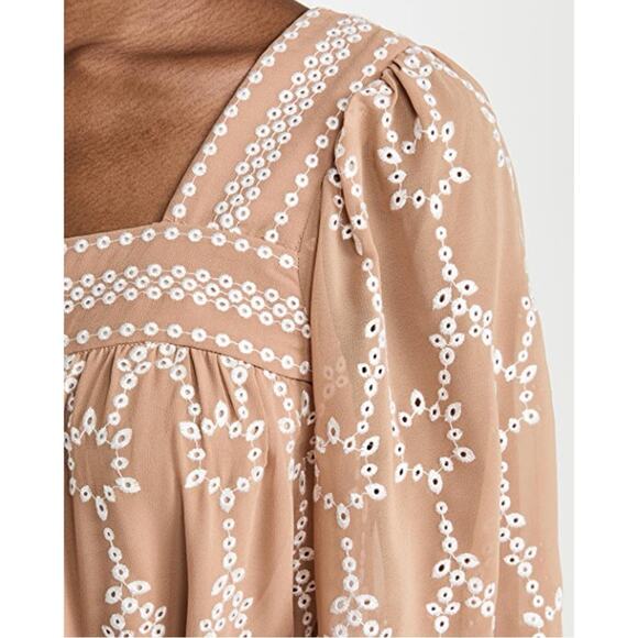 Shoshanna Torres tan and white long sleeve eyelet dress with tie waist women's 6 - Picture 3 of 9